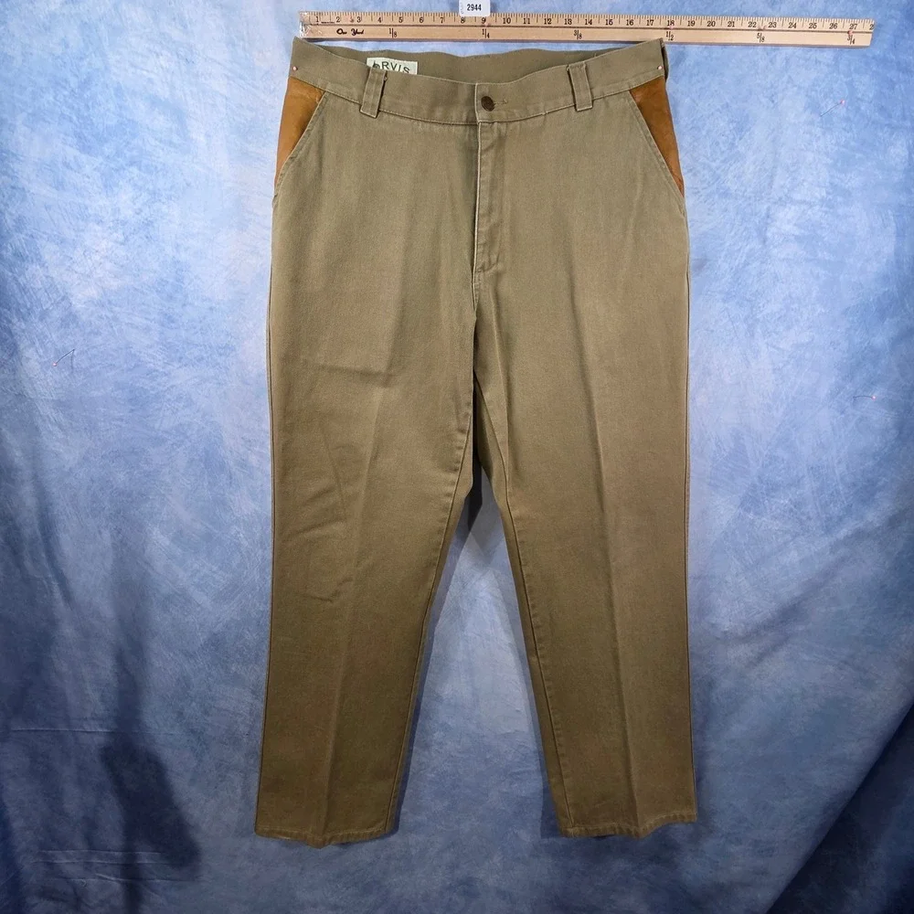 Orvis Mens Khaki Cotton Twill Pants Leather Trim Sporting Traditions Size 36x29